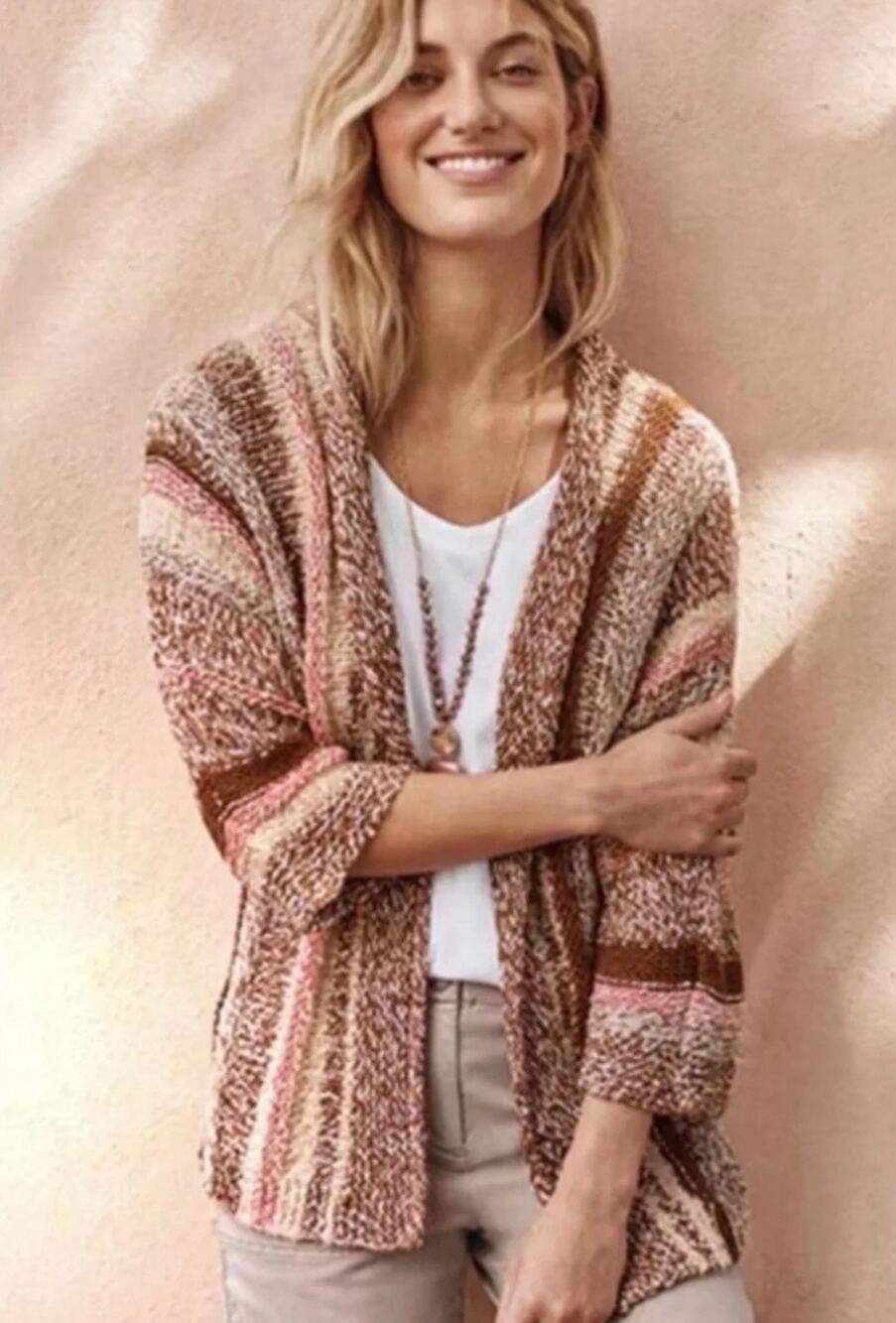 J. Jill Striped Chunky Open-Front Cardigan sweater Pink, Cream & Brown XL petite